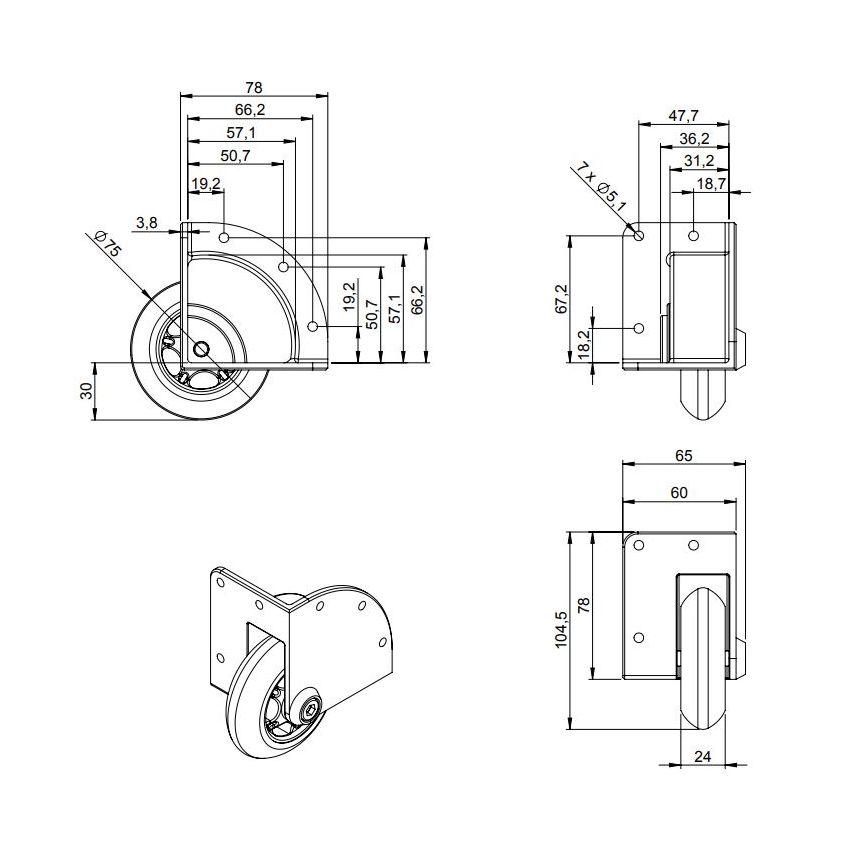 Set of Recessed Corner Castor with soft Wheel 75 mm